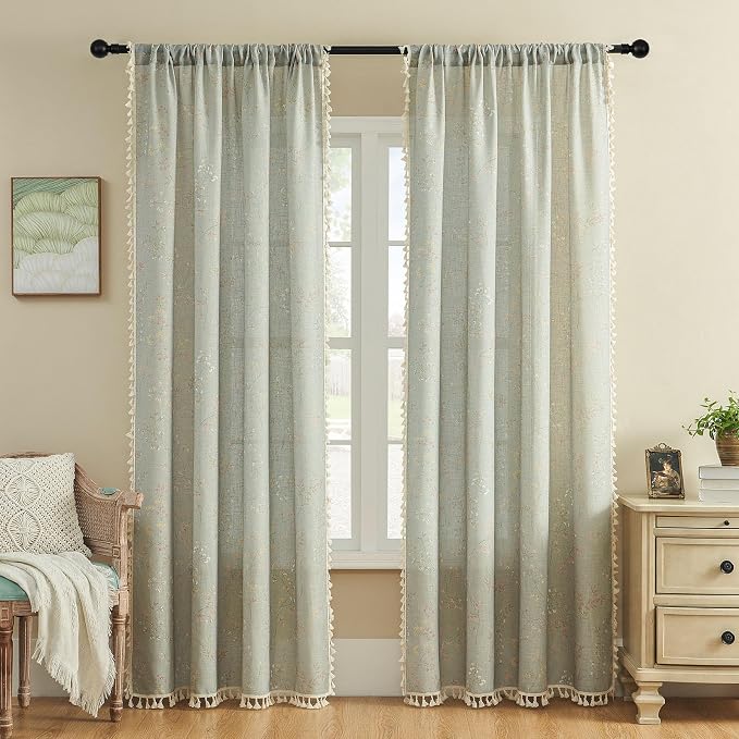 Joydeco Blue Floral Boho Curtains 96 Inches Long 2 Panels, Super Soft Bohemian Farmhouse Curtains with Tassels, Semi Sheer Light Filtering Drapes for Bedroom Living Room (Rod Pocket, 52Wx96L)