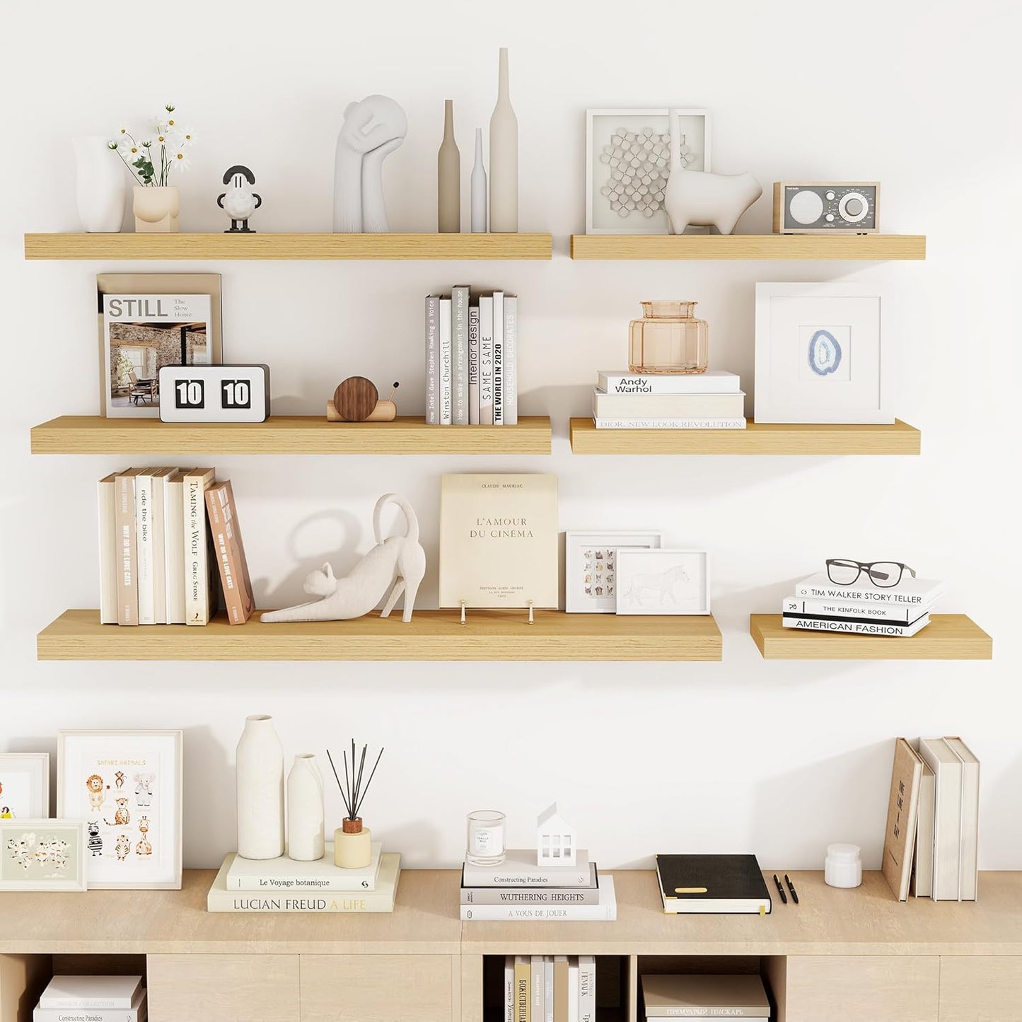 55 Inch Floating Shelves, 3D Textured Wood Grain, 55"x9.25"x1.5" Inch Deep Floating Shelves for Wall, Wooden Shelves for Bathroom, Bedroom, Living Room, Natural