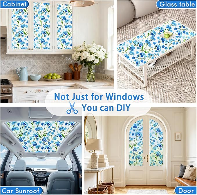 SOMWISE Frosted Glass Window Privacy Film with Tools, Heat Blocking, Anti-UV, Anti-Glare, Static Cling, Decor for Home Bathroom Door, Renter Friendly, Removable, Reusable, Blue 35Inchx78.5Inch