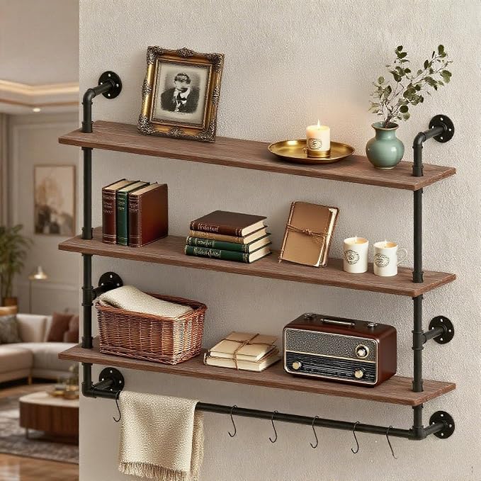 ROGMARS Industrial Floating Pipe Wall Shelves with Towel Rack 30 Inch | Industrial Pipe Shelving Rustic Coffee Bar Storage Wall Mounted Shelves For Living Room,Bathroom ,Kitchen,Laundry Room 3 Tier