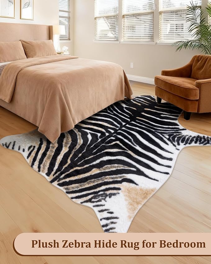 Zebra Print Rug for Living Room, Faux Fur Zebra Hide 6.2x8.2 Feet Animal Skin Rug for Bedroom Nursery Black and White