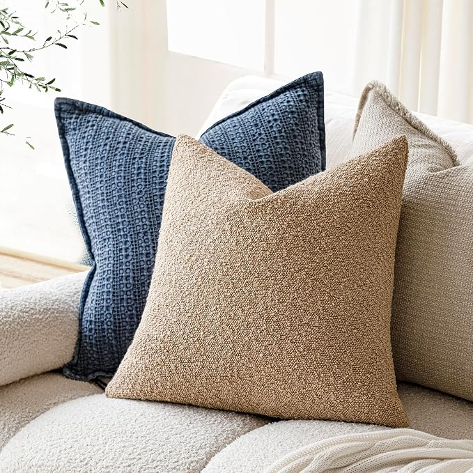 Foindtower Pack of 2, Decorative Textured Boucle Throw Pillow Covers Accent Solid Pillow Cases Cozy Soft Couch Cushion Case for Chair Sofa Bedroom Living Room Home Decor 22 x 22 Inch Taupe Khaki Camel
