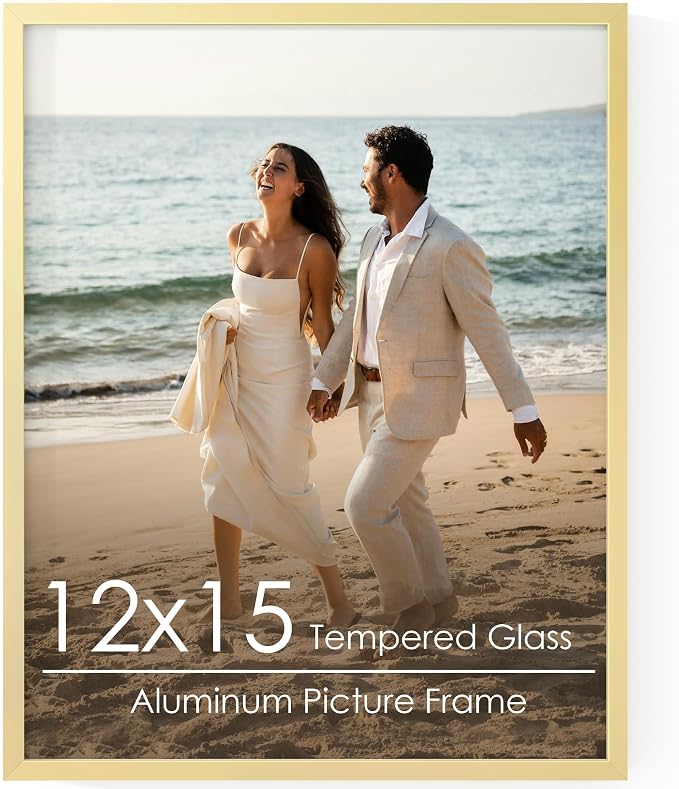 FLYJOE 12x15 Metal Picture Frame - Gold Aluminum Picture Frames with Real Glass, Wall Mounting Horizontally or Vertically, Diploma, Certificates for Wall Gallery Poster Photo 15x12 Frame, Gold