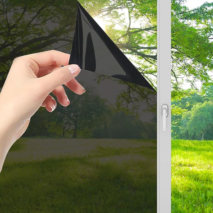 Lmlpt One Way Window Film Privacy See Out Not in Windows Tint for Home Sun UV Blocking Dark Glass Tinting Films Heat Insulation Self-Adhesive Mirror Door Coverings Sticker,Magic Black,46.8X78.7inch
