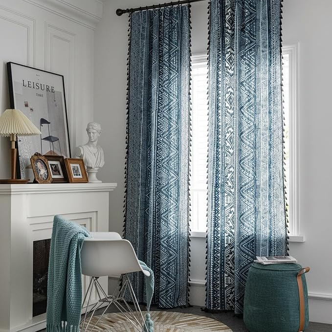 ColorBird Blue Boho Curtains 63 Inch Farmhouse MCM Western Striped Aztec Light Filtering Window Treatment Patterned Drapes for Bedroom Living Dining Room Kitchen Boho Chic Decor