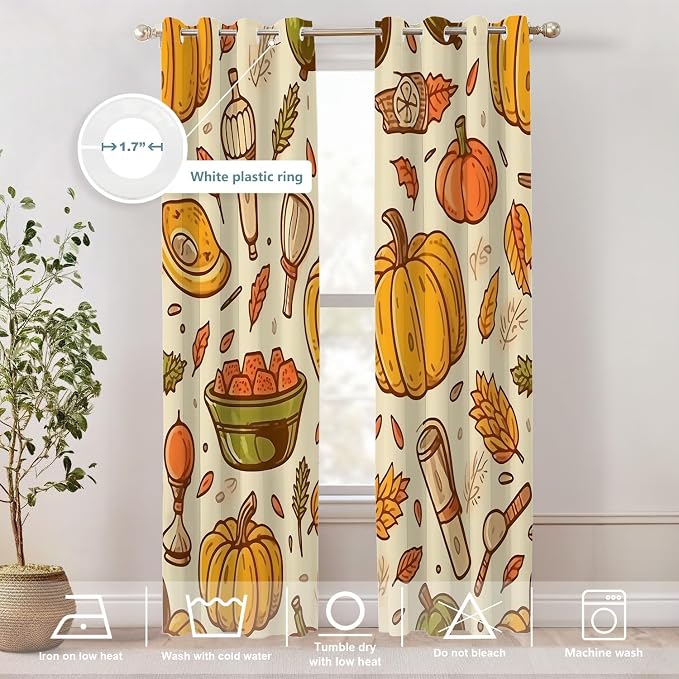 Shrahala Thanksgiving Seamless Pattern Blackout Window Curtains, Pumpkin Apple Pear Leaves Thermal Insulated Curtains Grommet Top Window Drapes for Living Room, Bedroom (2 Panels, 52 x 84 in)
