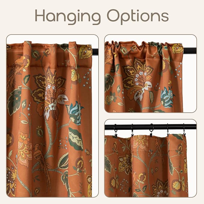 Pattern Black Out Curtains 96 Inches Long 2 Panel Set Rustic Farmhouse Blackout Curtain for Living Room,Earthy Rust Orange Olive Green Boho Vintage Floral Eclectic 70s Hippie Curtains for Bedroom