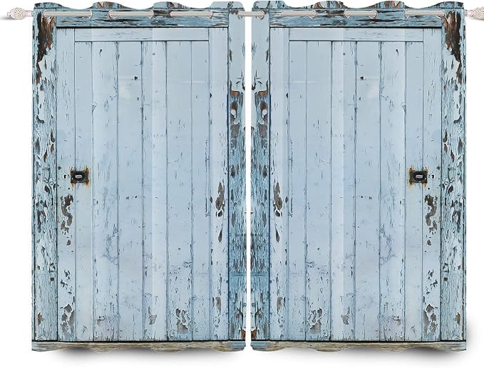 Wooden Barn Door Window Curtains Vintage Blackout Kitchen Curtains Rustic Country Farmhouse Garage Decor Light Blue Wood Planks Print Window Drapes for Living Room Bedroom,53x63 inch,2 Panels