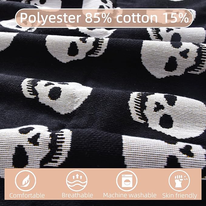 Boho Throw Blanket Reversible Cotton Bohemian Tapestry Hippie Room Decor Double Sided (Boho Skull Print Black 50"x60")