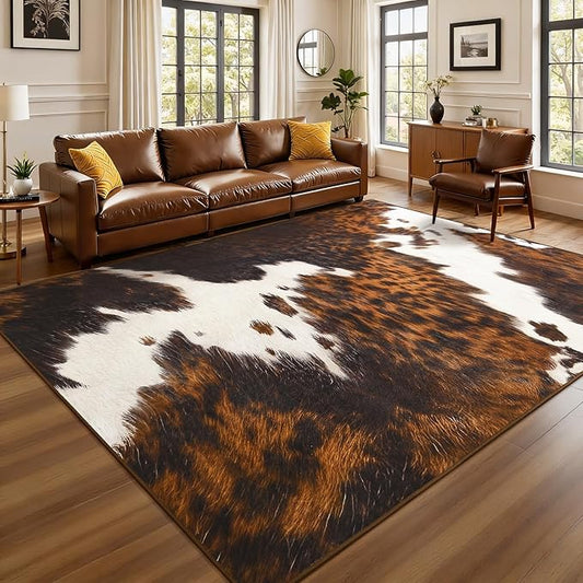 Soft Cowhide Rug 5x7 Ft, Faux Cow Hide Rugs for Living Room Bedroom, Non-Slip TPR Backing for Hardwood Floors, Machine Washable & Easy to Clean, Pet Friendly Carpet for Kids, Brown