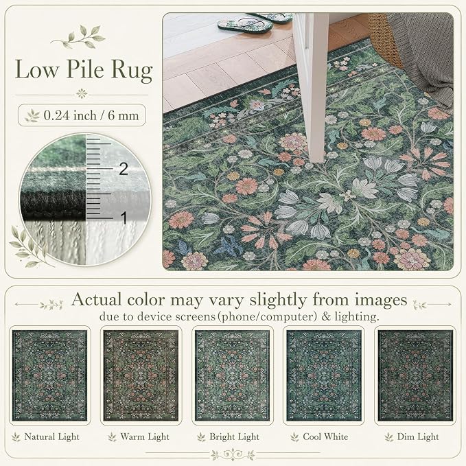 Floral Indoor Entrance 3x5 Area Rug, Washable Vintage Boho Entryway Rugs, Low Pile Non Slip Soft Carpet for Kitchen, Bedroom Beside, Laundry Room, Office Rug, Kids Room, Nursery Room， Green