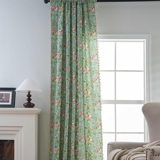 OYX Floral 96 Inch Curtains for Living Room Green Drapes Bedroom Semi Sheer Rod Pocket Long Window Curtains 2 Panel Sets Boho Farmhouse Vintage Light Filtering Window Treatments