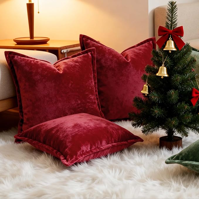 Velvet Pillow Covers 2 Pack Soft 26x26 Pillow Covers Solid Square Euro Shams Decorative Couch Pillow Cases with Wide Border for Sofa Bed Home Decor,Red