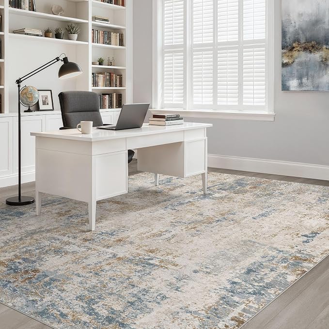 10x14 Area Rugs Living Room: Washable Large Neutral Rug Abstract Soft Modern Stain Resistant Indoor Floor Non-Slip Carpet for Bedroom Nursery Kids Office Playroom Dining Room Under Table- Blue Brown