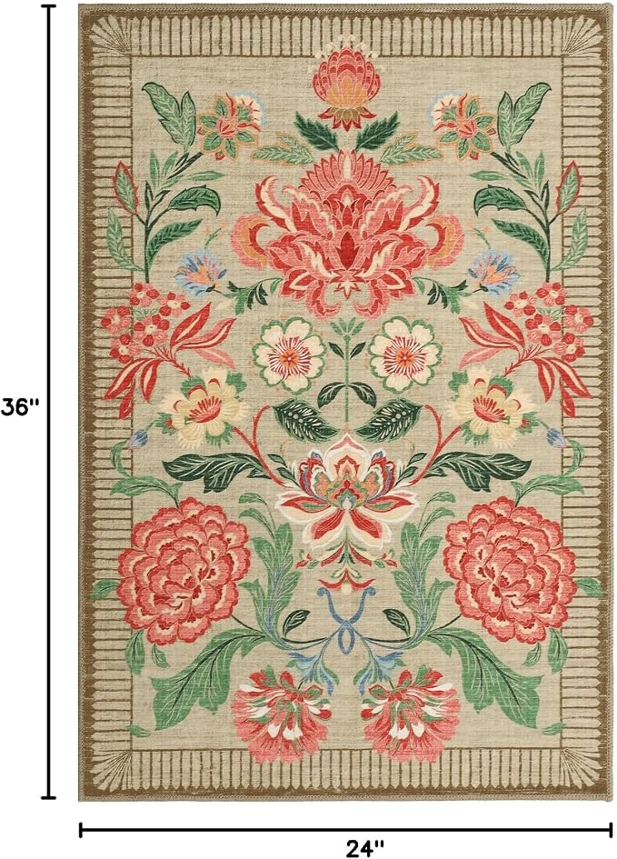 GarveeHome Camel Pink Floral 2x3 Door Mat Indoor Rugs for Entryway Small Taupe Brown Vintage Boho Cottage Washable Non-Slip Low-Pile Rug for Bedroom Kitchen Bathroom Entrance