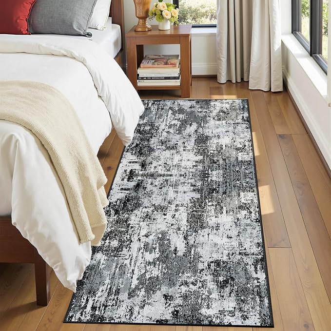 RELEANY Washable Area Rugs 2'x10' Non-Slip Modern Abstract Soft for Living Room Entryway Bedroom Kitchen, Print Pattern, Black Navy Blue Gray