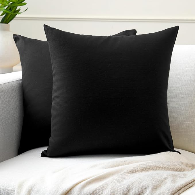Encasa XO Throw Pillow Covers 24x24 in Set of 2 Jet Black | No Inserts | Cotton Pillow Covers for Living Room, Bed, Sofa, Couch | Decorative Cushion Covers with Improved Zipper