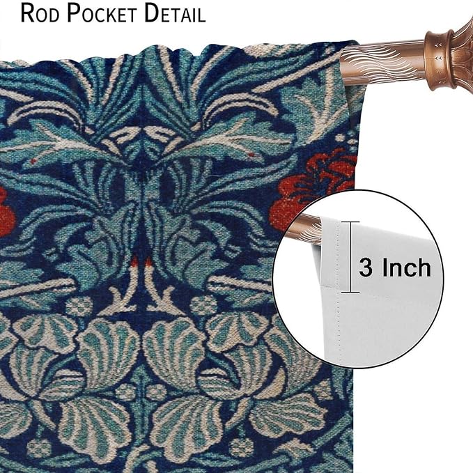 Bohemian William Morris Retro Plant Floral Blackout Window Curtains, Flower Vintage Country Farmhouse Art Window Drapes, for Bedroom Living Room 21(W)*54(L) 2 Panels