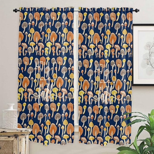 Kitchen Tier Curtains 72 inches Long, Hello Fall Thanksgiving Orange Yellow Mushroom Navy Blue Window Curtains for Living Room Bath,Rod Pocket Light Filter Drapes Half Window Treatment Tiers 2 Panels