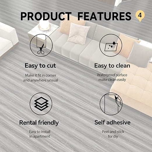 Wood Grain Peel and Stick Floor Tiles – 11.8” Width, Full Roll Length of 118" – Versatile Design for Any Space, Grey Self Adhesive Vinyl Flooring, Waterproof and Non-Slip Features