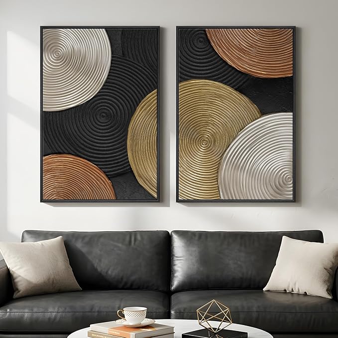 Large Framed Abstract Circles Wall Art Set of 2 for Living Room, Modern Minimalist Neutral Gold Black Beige Canvas Artwork for Walls, Luxury Painting Print Wall Decor for Bedroom Office, 24x36 Inch