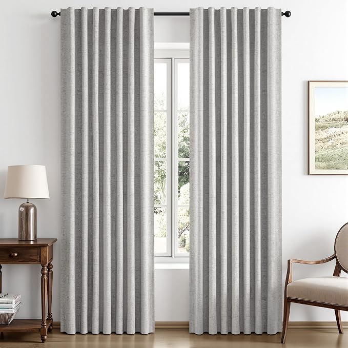 MIULEE 100% Blackout Linen Curtains for Bedroom, Greyish White Solid Luxury Decor Thermal Insulation Room Darkening Drapes for Living Room Back Tab Rod Pocket 42 x 63 Inches, 2 Panels