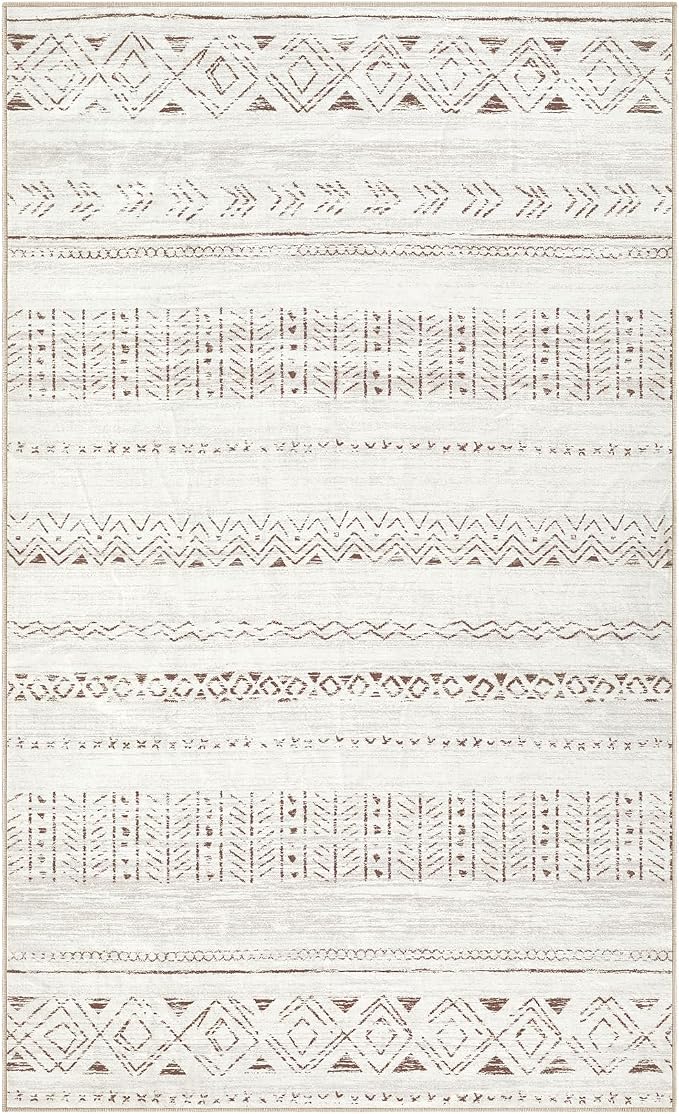 cotiled 3x5 Area Rugs Living Room Rug: Washable Boho Rugs with Non Slip Backing Small Soft Indoor Stain Resistant Carpet for Bedroom Farmhouse Dining Room Lightweight Home Decor L Brown/Cream