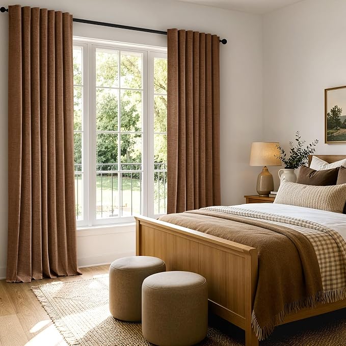 MIULEE 100% Blackout Linen Curtains for Bedroom, Brown Solid Luxury Decor Thermal Insulation Room Darkening Drapes for Living Room Back Tab Rod Pocket 42 x 63 Inches, 2 Panels
