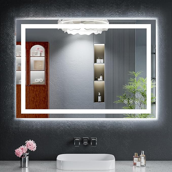 40"x24" LED Bathroom Mirror with Lights for Vanity, Anti-Fog & Dimmable 3-Color, Stepless Brightness Adjustable Wall Mounted Mirror for Bathroom Makeup Shaving