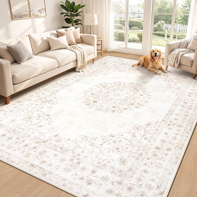 Area Rug 6x9 Vintage Rug: Washable Indoor Medallion Rugs Low Pile Distressed Floor Carpet Retro Accent Rug for Living Room Bedroom Kitchen Dining Table Home Office(Distressed Beige, 6'x9')