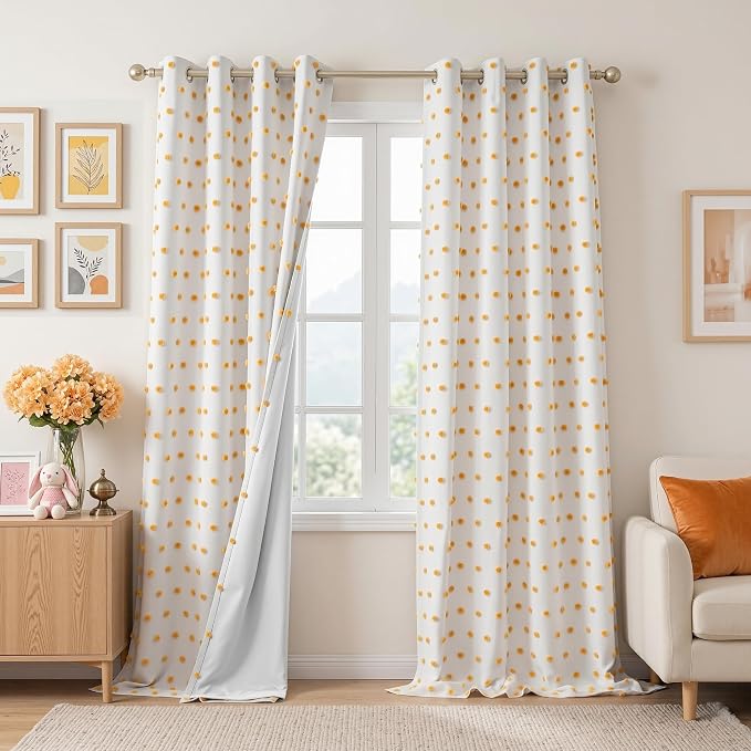 MEETSKY 100% Blackout Curtains for Sliding Glass Door 95 Inch Length Total Light Blocking Curtains for Living Room,Grommet Room Darkening Window Drapes with Yellow Pom Pom Sheer 52W x 95L, 2 Piece