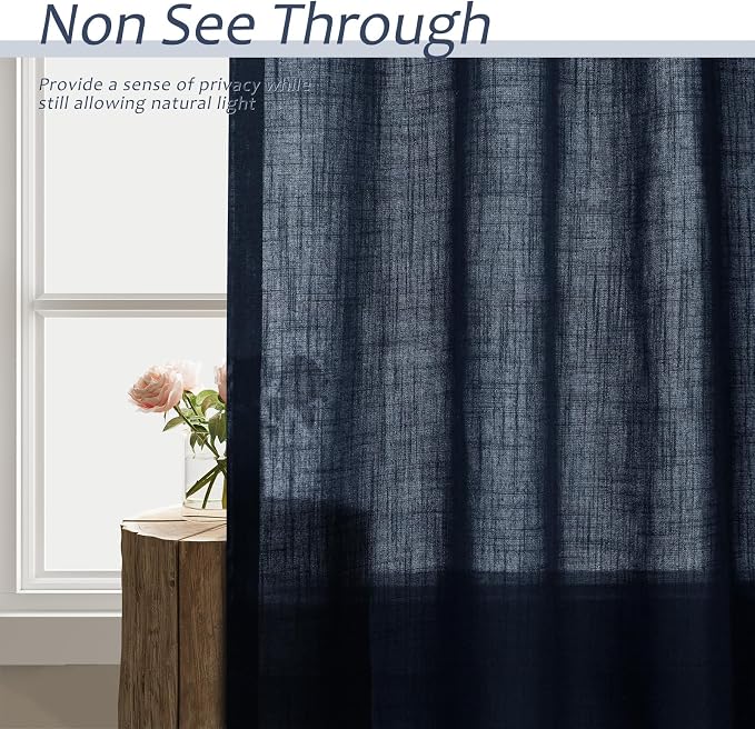 Aersas Navy Linen Curtains 120 Inches Long for Bedroom 2 Panels Back Tab Pocket Drapes Light Filtering Semi Sheer Privacy Dark Blue Curtains for Living Room 52x120