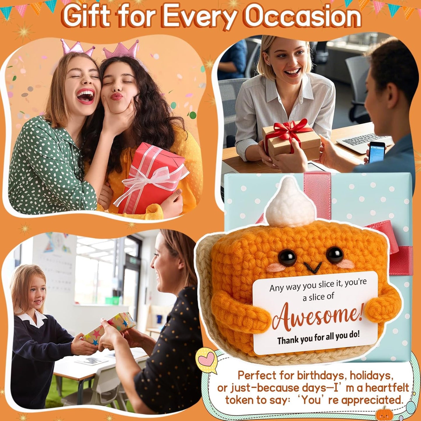 Crochet Pumpkin Pie – Fall Decor Handmade Knitted Mini Thank You Gift, Cute Appreciation Gift for Women, Daughter, Grandma Teacher, Coworker, Employee, Volunteer, Thanksgiving Desk Decor