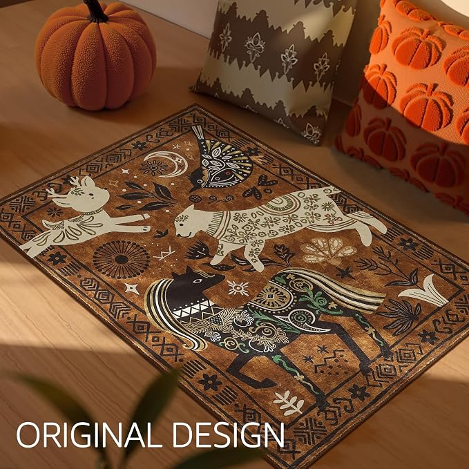 jinchan 2x3 Cute Area Rug Kids Washable Fun Rug Earthy Brown Starlit Boho Small Mat Non Slip Doormat Lightweight Soft Cozy Animal Throw Carpet for Entryway Nursery Playroom Bedside Bathroom