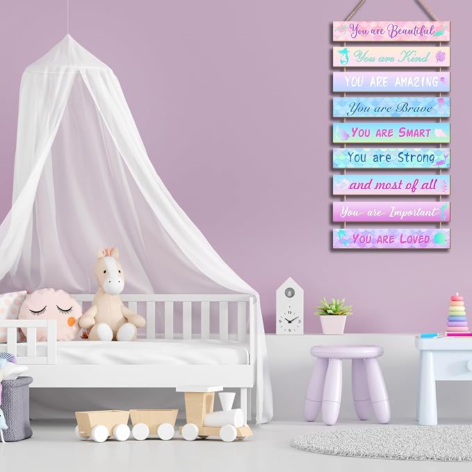 Mermaid Room Decor Set - 9 Pieces, Princess Bedroom Wall Decor, Inspirational Hanging Plaques for Kids & Nursery