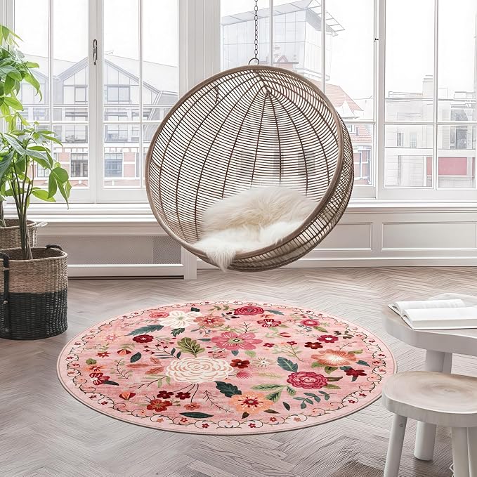 4ft Round Machine Washable Area Rug for Living Room, Dark Pink Vintage Boho Floral Rug Non-Slip Low Pile Soft Faux Wool Carpet Kids and Pets Friendly for Bedroom Nursery Farmhouse Home Decor Rug