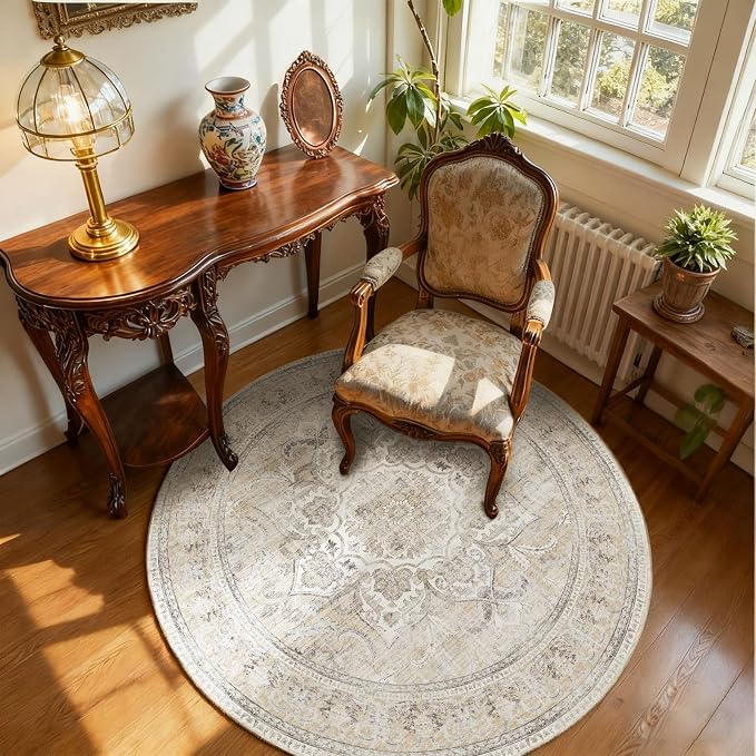 4ft Washable Round Rugs for Bedroom: Circle Living Room Rug Boho Vintage Non Slip Low Pile Soft Faux Wool Non Shedding Small Circular Rug for Kitchen Entryway Bathroom Bedside Office Dorm Kids Room