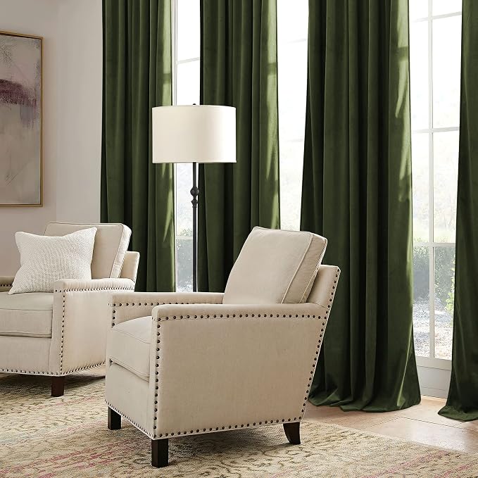 RYB HOME Olive Green Velvet Curtains for Bedroom Living Room, Thermal Insulated Privacy UV Heat Blocking Luxurious Drapes for Nursery Dining Room, 52"W x 100"L, 2 Panels, Rod Pocket/Back Tab/Hook Belt