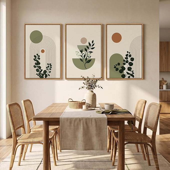 3 Piece Large Framed Abstract Boho Wall Art for Living Room, Minimalist Green Beige Canvas Artwork for Walls, Botanical Sage Green Plant Prints Paintings for Bedroom Dining Room 20x30 Inch