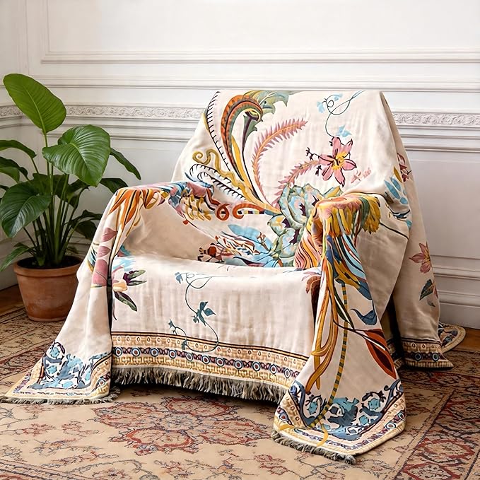 Ownkoti Throw Blanket for Bed, 90"x 90" Quilted Cotton Blanket Reversible Cover for Sofa Chair (Plume)