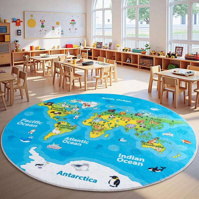 Kids Playroom Rug, 6x6ft Round World Map Rugs with Cute Animals, Washable Durable Soft Carpet Kid Educational Rugs for Boys Girls Bedroom Nursery Classroom