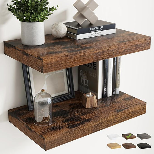 24 Inch Floating Shelves for Wall 2 Pack, 12"D Wood Grain Bathroom Shelves with Invisible Brackets, Easy Install Engineered Wood Storage Shelves for Kitchen, Living Room, Bedroom, Rustic Brown Finish