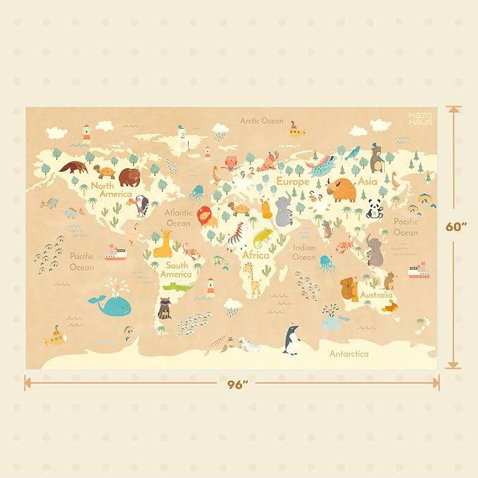 Hazo Haus Washable Kids Playroom Rug with Animal – 5x8 Educational World Map Area Rug with Kids Room – Non-Slip, Stain Resistant, Soft & Safe, Nursery, Classroom or Bedroom - Beige