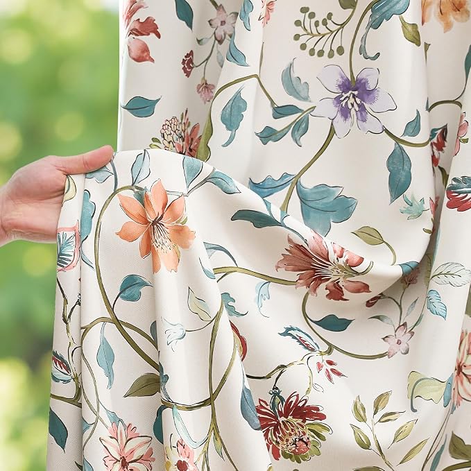 jinchan Hattie Beige Floral Blackout Curtains 63 Inch Length – Room Darkening Vintage Curtains Cream Botanical Drapes for Living Room & Bedroom, Elegant Farmhouse Window Panels, Set of 2 Panels