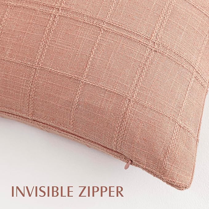 Foindtower Set of 2 Decorative Linen Check Throw Pillow Covers Neutral Farmhouse Vintage Cushion Covers Modern Boho Accent Home Decor for Sofa Chair Couch Bedroom Living Room,18×18 Inch,Coral Pink