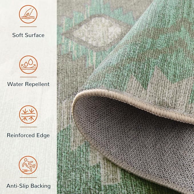 BESTSWEETIE Area Rug 6x9 Rug Machine Washable Rug Non-Slip Low Pile Print Pattern Western Rug for Living Room Bedroom Entryway Tribal Series -Sage