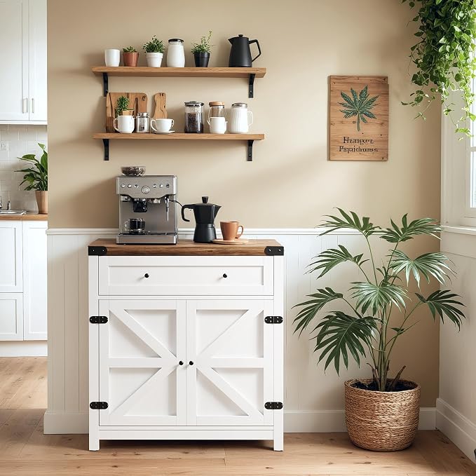 YESHOMY Coffee Bar and Accent Cabinet, Farmhouse Barn Door Buffet Sideboard with Drawer and Adjustable Shelf, Wide Desktop for Kitchen, Dining Room, Bathroom, Entryway, Brown & White