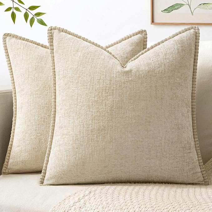 MIULEE Pack of 2 Summer Throw Pillow Covers 18x18 Inch Beige Farmhouse Decorative Pillow Covers with Stitched Edge Soft Chenille Solid Dyed Pillow Covers for Couch Sofa Bed Living Room