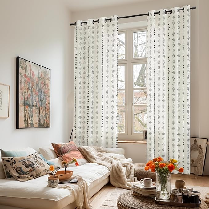 Farmhouse Curtains 63 Inch Length for Living Room, Black Striped Linen Drapes for Dining Room 2 Panels Set