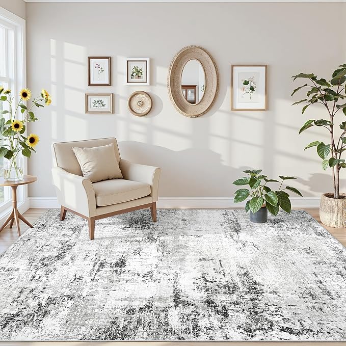 Area Rugs 5x7 Living Room: Large Modern Abstract Washable Rug Soft Anti-Skid Non-Shedding Carpet Indoor Floor Thin Carpets for Bedroom Dining Room Farmhouse Nursery Home Office White Grey Black